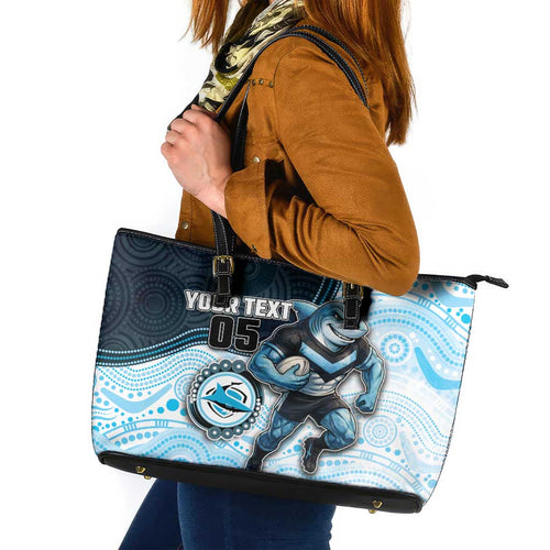 Custom Sharks Leather Tote Bag Fish Mascot With Aboriginal Indigenous