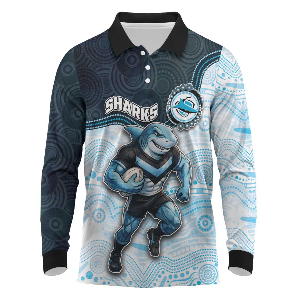 Custom Sharks Long Sleeve Polo Shirt Fish Mascot With Aboriginal Indigenous