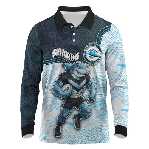 Custom Sharks Long Sleeve Polo Shirt Fish Mascot With Aboriginal Indigenous