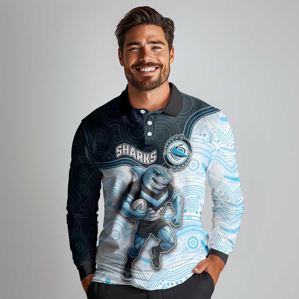 Custom Sharks Long Sleeve Polo Shirt Fish Mascot With Aboriginal Indigenous