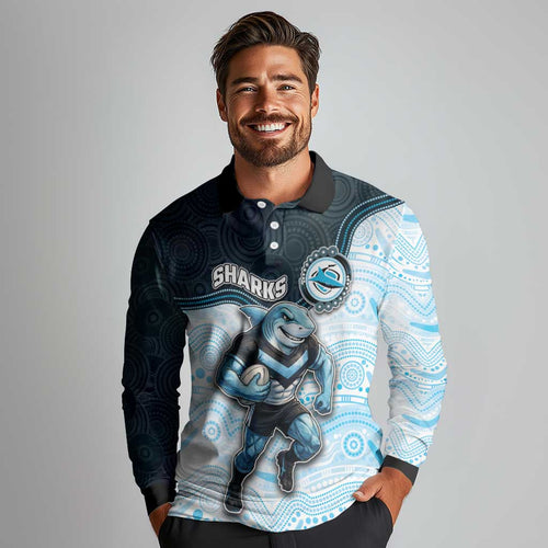 Custom Sharks Long Sleeve Polo Shirt Fish Mascot With Aboriginal Indigenous