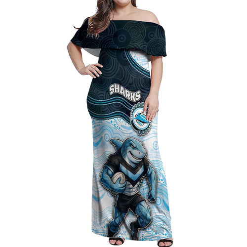 Custom Sharks Off Shoulder Maxi Dress Fish Mascot With Aboriginal Indigenous