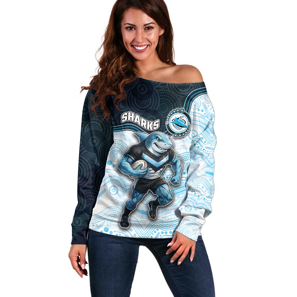 Custom Sharks Off Shoulder Sweater Fish Mascot With Aboriginal Indigenous