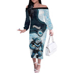 Custom Sharks Off The Shoulder Long Sleeve Dress Fish Mascot With Aboriginal Indigenous
