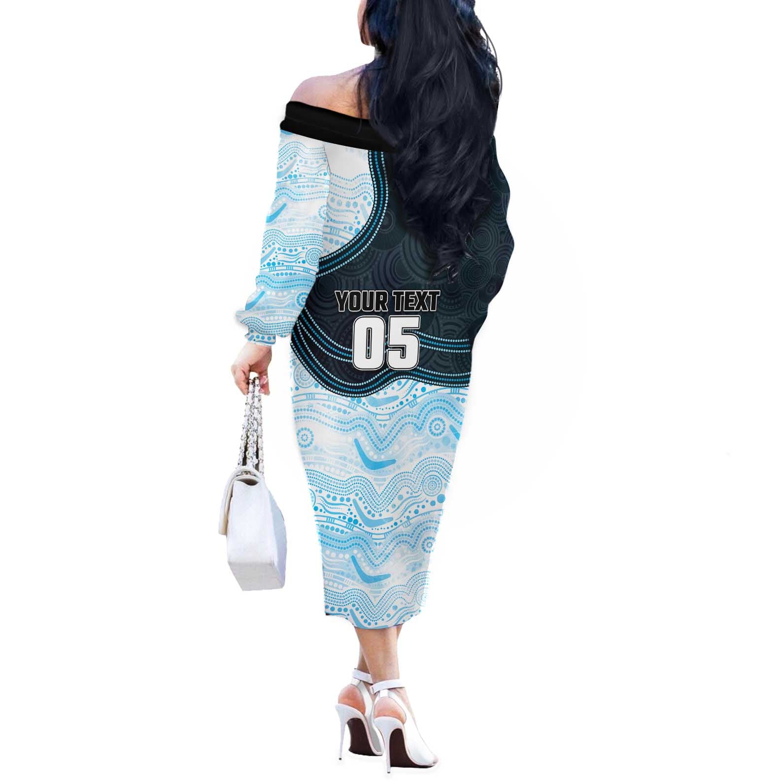 Custom Sharks Off The Shoulder Long Sleeve Dress Fish Mascot With Aboriginal Indigenous