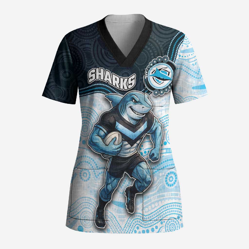 Custom Sharks Scrub Top Fish Mascot With Aboriginal Indigenous