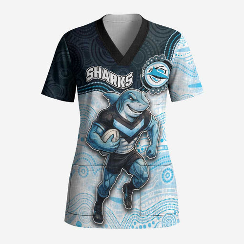 Custom Sharks Scrub Top Fish Mascot With Aboriginal Indigenous