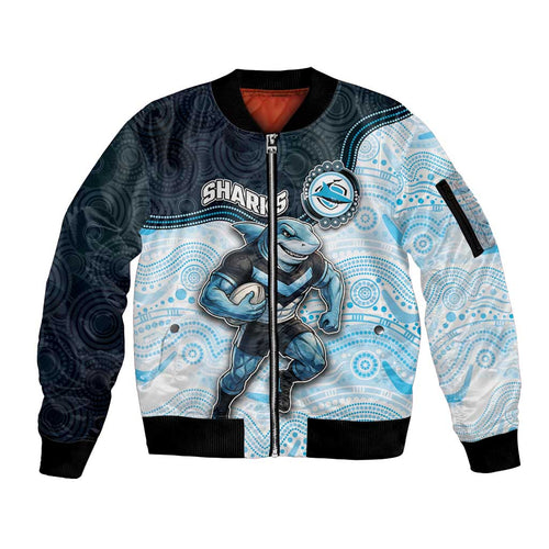 Custom Sharks Sleeve Zip Bomber Jacket Fish Mascot With Aboriginal Indigenous