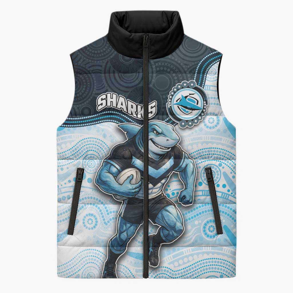 Custom Sharks Sleeveless Puffer Jacket Fish Mascot With Aboriginal Indigenous