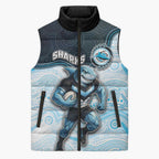 Custom Sharks Sleeveless Puffer Jacket Fish Mascot With Aboriginal Indigenous