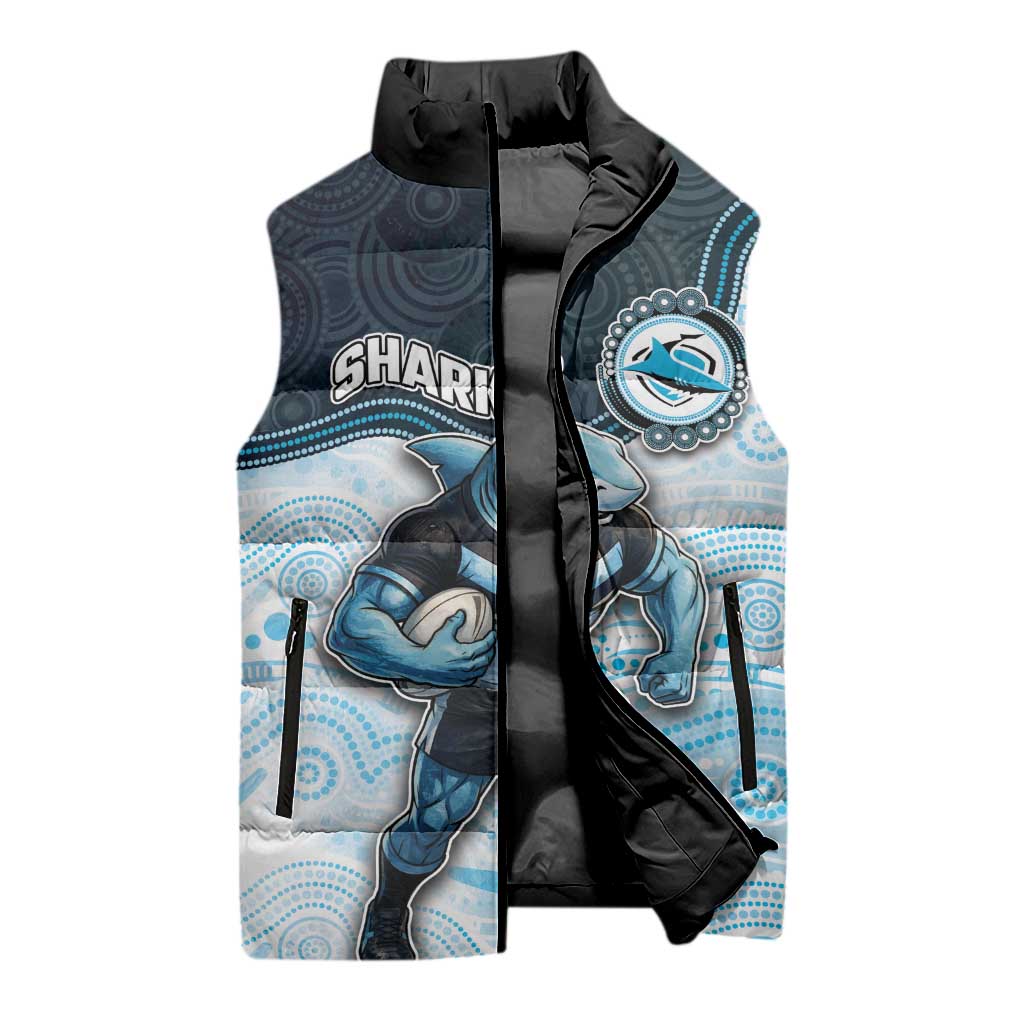 Custom Sharks Sleeveless Puffer Jacket Fish Mascot With Aboriginal Indigenous