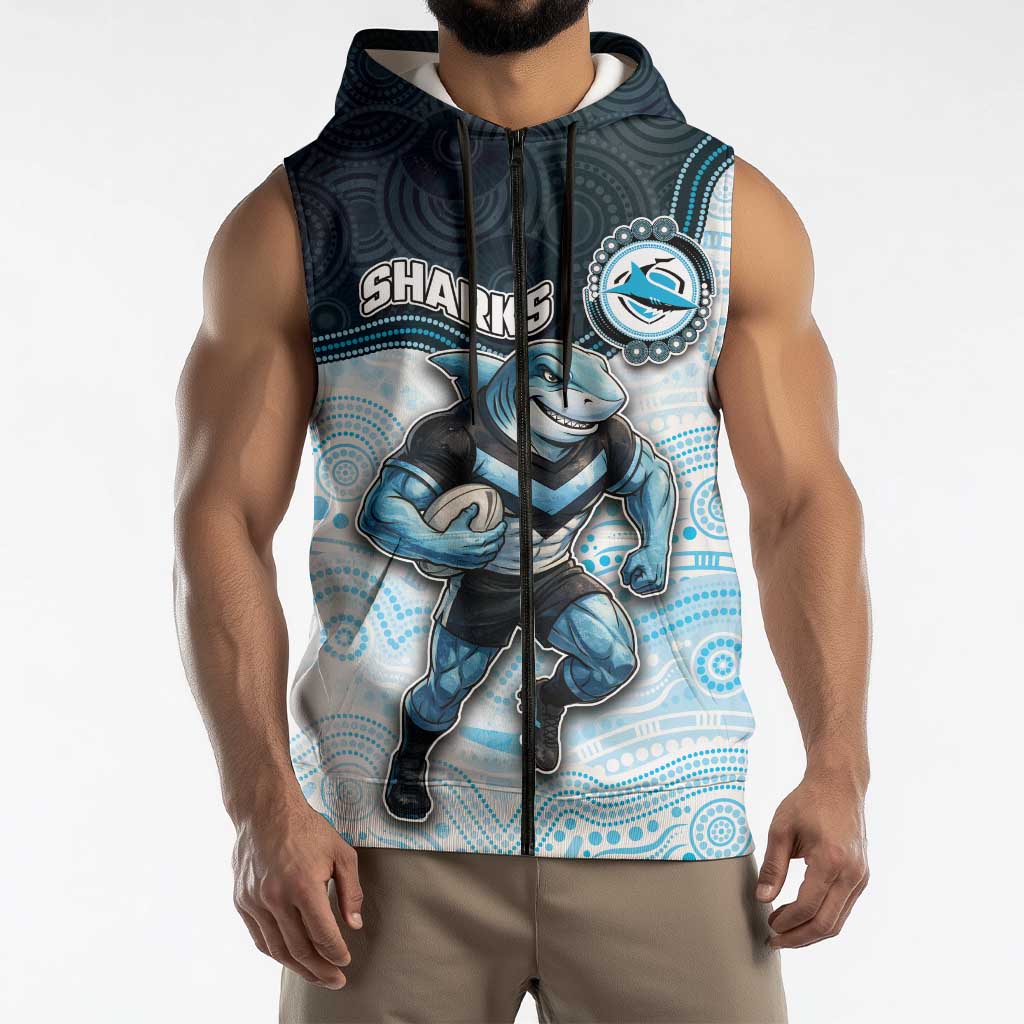 Custom Sharks Sleeveless Zip Hoodie Fish Mascot With Aboriginal Indigenous