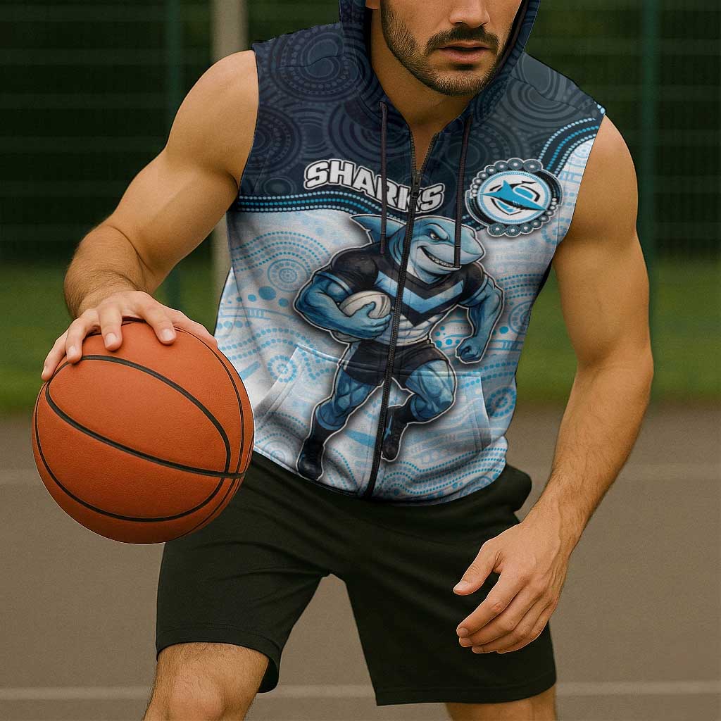 Custom Sharks Sleeveless Zip Hoodie Fish Mascot With Aboriginal Indigenous