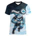Custom Sharks Women V-Neck T-Shirt Fish Mascot With Aboriginal Indigenous