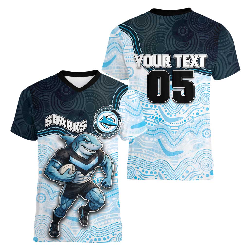 Custom Sharks Women V-Neck T-Shirt Fish Mascot With Aboriginal Indigenous