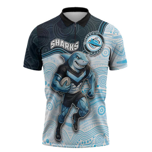 Custom Sharks Zipper Polo Shirt Fish Mascot With Aboriginal Indigenous