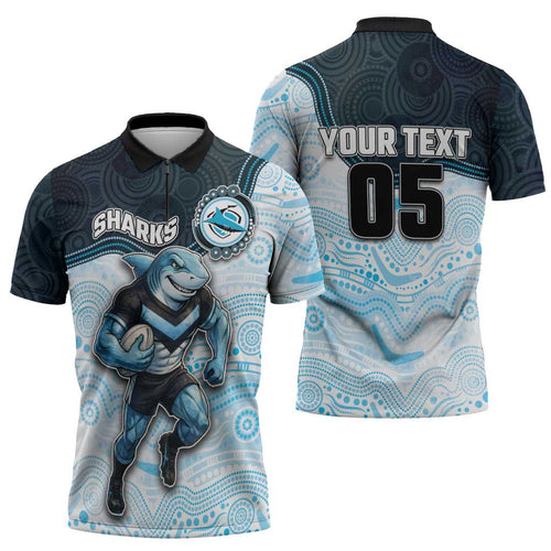Custom Sharks Zipper Polo Shirt Fish Mascot With Aboriginal Indigenous