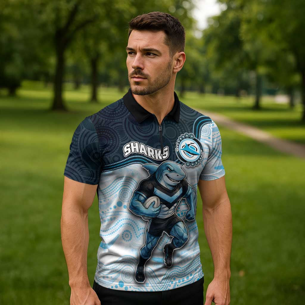 Custom Sharks Zipper Polo Shirt Fish Mascot With Aboriginal Indigenous