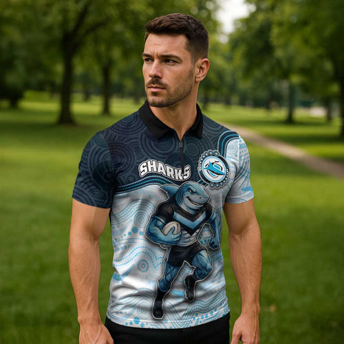 Custom Sharks Zipper Polo Shirt Fish Mascot With Aboriginal Indigenous