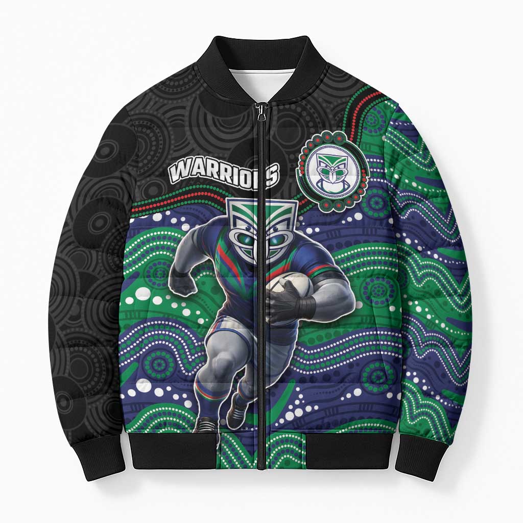 Custom Warriors Bomber Puffer Jacket Tiki Mascot With Aboriginal Indigenous