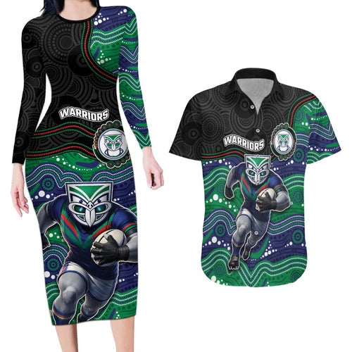 Custom Warriors Couples Matching Long Sleeve Bodycon Dress and Hawaiian Shirt Tiki Mascot With Aboriginal Indigenous
