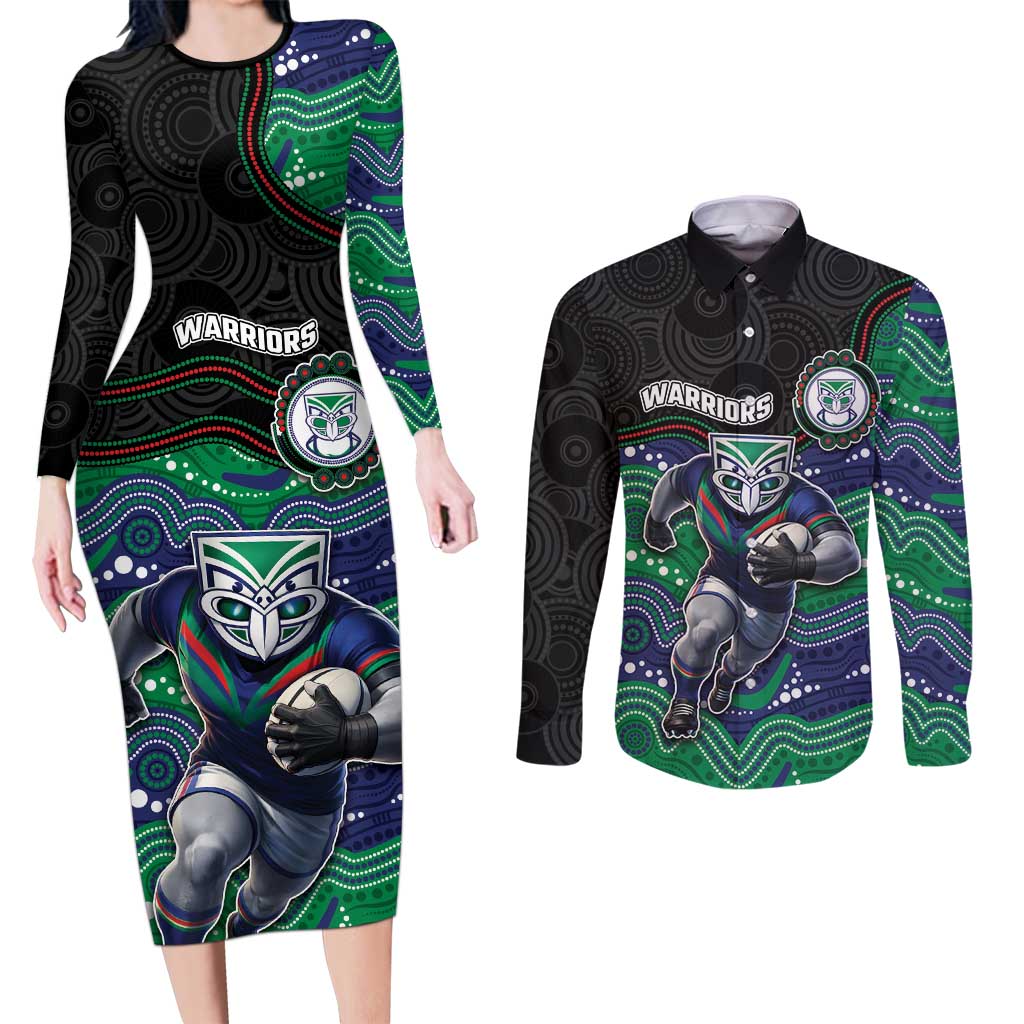 Custom Warriors Couples Matching Long Sleeve Bodycon Dress and Long Sleeve Button Shirt Tiki Mascot With Aboriginal Indigenous