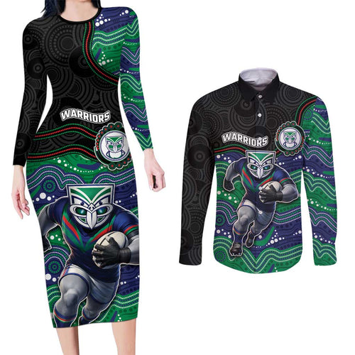 Custom Warriors Couples Matching Long Sleeve Bodycon Dress and Long Sleeve Button Shirt Tiki Mascot With Aboriginal Indigenous