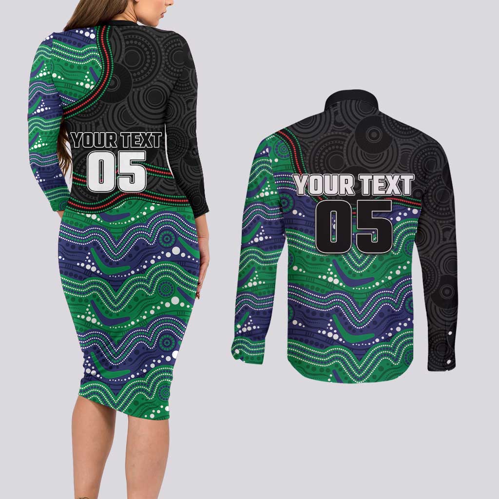 Custom Warriors Couples Matching Long Sleeve Bodycon Dress and Long Sleeve Button Shirt Tiki Mascot With Aboriginal Indigenous