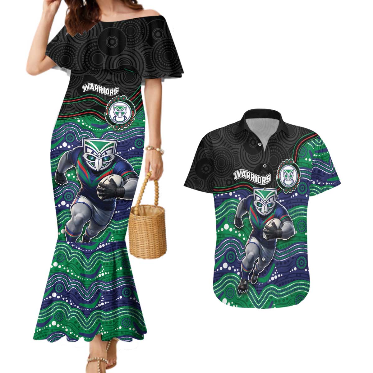 Custom Warriors Couples Matching Mermaid Dress and Hawaiian Shirt Tiki Mascot With Aboriginal Indigenous
