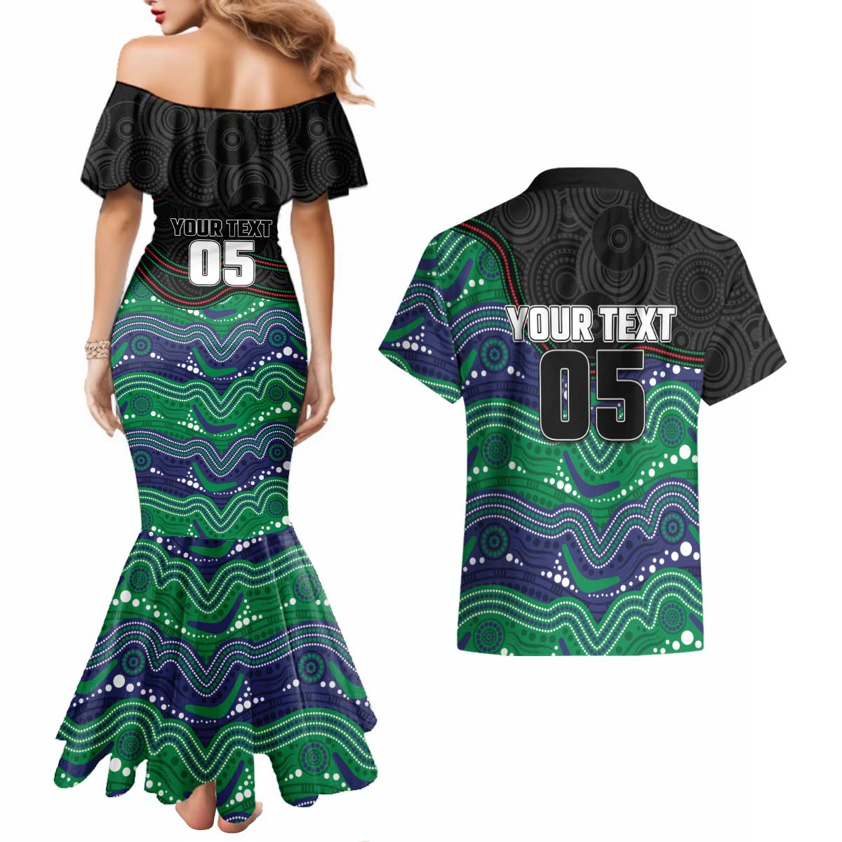 Custom Warriors Couples Matching Mermaid Dress and Hawaiian Shirt Tiki Mascot With Aboriginal Indigenous