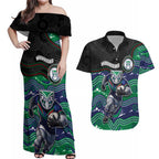 Custom Warriors Couples Matching Off Shoulder Maxi Dress and Hawaiian Shirt Tiki Mascot With Aboriginal Indigenous