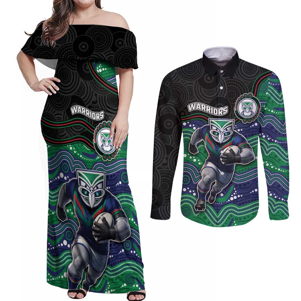 Custom Warriors Couples Matching Off Shoulder Maxi Dress and Long Sleeve Button Shirt Tiki Mascot With Aboriginal Indigenous