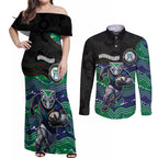 Custom Warriors Couples Matching Off Shoulder Maxi Dress and Long Sleeve Button Shirt Tiki Mascot With Aboriginal Indigenous