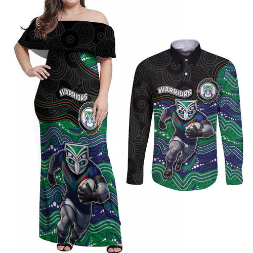 Custom Warriors Couples Matching Off Shoulder Maxi Dress and Long Sleeve Button Shirt Tiki Mascot With Aboriginal Indigenous