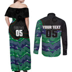 Custom Warriors Couples Matching Off Shoulder Maxi Dress and Long Sleeve Button Shirt Tiki Mascot With Aboriginal Indigenous