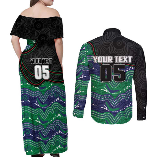 Custom Warriors Couples Matching Off Shoulder Maxi Dress and Long Sleeve Button Shirt Tiki Mascot With Aboriginal Indigenous
