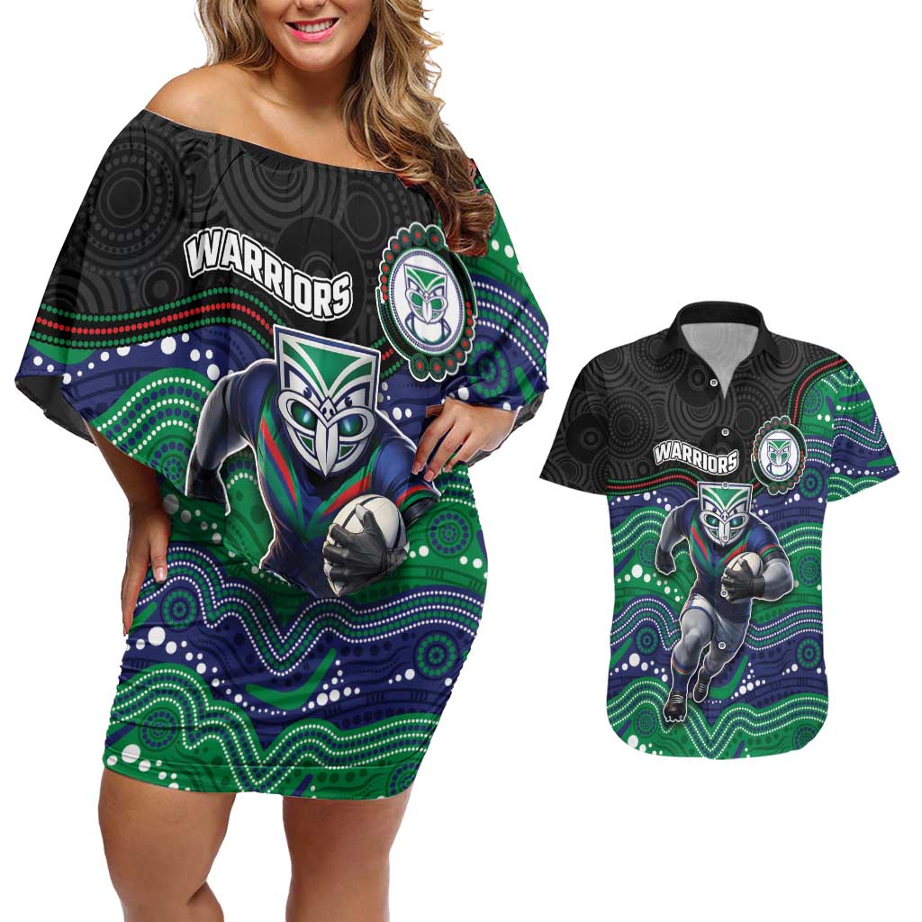 Custom Warriors Couples Matching Off Shoulder Short Dress and Hawaiian Shirt Tiki Mascot With Aboriginal Indigenous