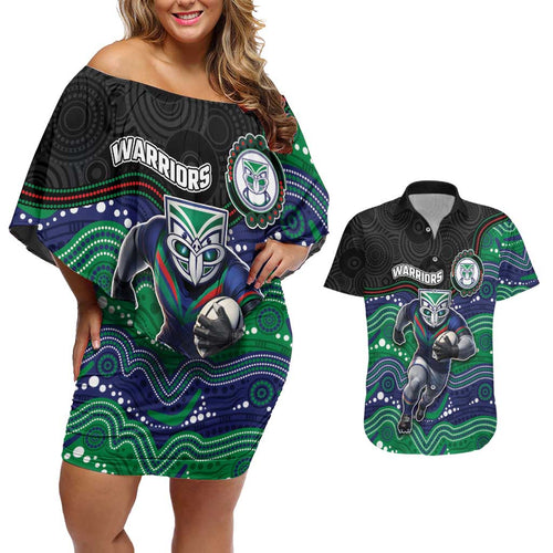 Custom Warriors Couples Matching Off Shoulder Short Dress and Hawaiian Shirt Tiki Mascot With Aboriginal Indigenous