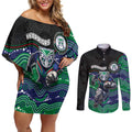Custom Warriors Couples Matching Off Shoulder Short Dress and Long Sleeve Button Shirt Tiki Mascot With Aboriginal Indigenous