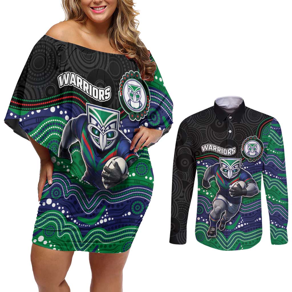 Custom Warriors Couples Matching Off Shoulder Short Dress and Long Sleeve Button Shirt Tiki Mascot With Aboriginal Indigenous