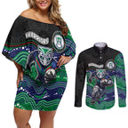 Custom Warriors Couples Matching Off Shoulder Short Dress and Long Sleeve Button Shirt Tiki Mascot With Aboriginal Indigenous