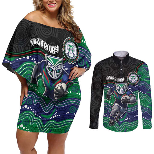 Custom Warriors Couples Matching Off Shoulder Short Dress and Long Sleeve Button Shirt Tiki Mascot With Aboriginal Indigenous