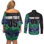 Custom Warriors Couples Matching Off Shoulder Short Dress and Long Sleeve Button Shirt Tiki Mascot With Aboriginal Indigenous