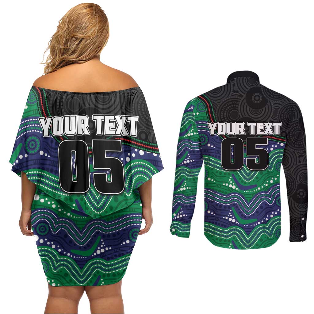 Custom Warriors Couples Matching Off Shoulder Short Dress and Long Sleeve Button Shirt Tiki Mascot With Aboriginal Indigenous