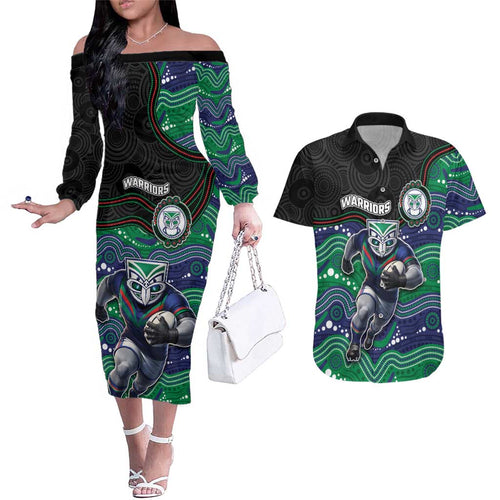 Custom Warriors Couples Matching Off The Shoulder Long Sleeve Dress and Hawaiian Shirt Tiki Mascot With Aboriginal Indigenous