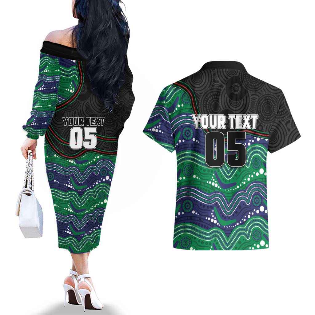 Custom Warriors Couples Matching Off The Shoulder Long Sleeve Dress and Hawaiian Shirt Tiki Mascot With Aboriginal Indigenous