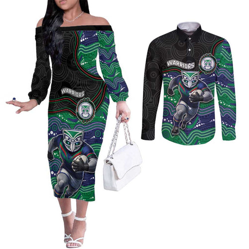 Custom Warriors Couples Matching Off The Shoulder Long Sleeve Dress and Long Sleeve Button Shirt Tiki Mascot With Aboriginal Indigenous