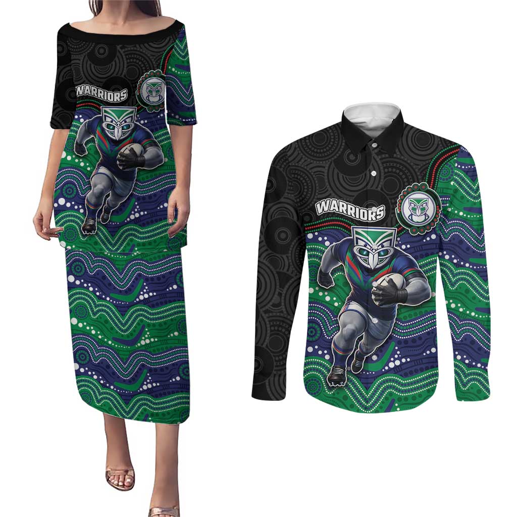 Custom Warriors Couples Matching Puletasi and Long Sleeve Button Shirt Tiki Mascot With Aboriginal Indigenous