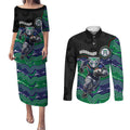 Custom Warriors Couples Matching Puletasi and Long Sleeve Button Shirt Tiki Mascot With Aboriginal Indigenous