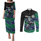 Custom Warriors Couples Matching Puletasi and Long Sleeve Button Shirt Tiki Mascot With Aboriginal Indigenous